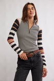 Free People Clothing AVERY ZIP UP Style OB2372081 in Black Combo; Color Block Striped 1/4 Zip Top; 