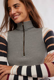 Free People Clothing AVERY ZIP UP Style OB2372081 in Black Combo; Color Block Striped 1/4 Zip Top; 