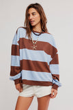 Free People Clothing Classic Striped Oversized Crewneck Style OB2381604 in Periwinkle Combo. Women's Cotton Blend, Wide stripe, oversized crewneck, spring top.
