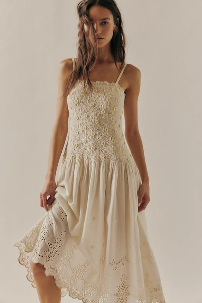 Free People Daphne Mid Dress Style OB2231797 in Tea Combo; Smocked Drop Waist Midi Dress;  Free PEople Floral Applique Dress;  Summer Smocked Spaghetti Strap Midi Dress