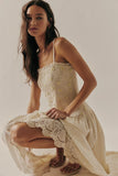 Free People Daphne Mid Dress Style OB2231797 in Tea Combo; Smocked Drop Waist Midi Dress;  Free PEople Floral Applique Dress;  Summer Smocked Spaghetti Strap Midi Dress
