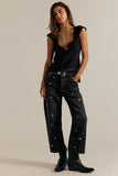 Free People Clothing Deep Trance Shine Embroidered Dropped Boyfriend Jeans Style OB2361397 in Starry Night; Low Slung Black Embroidered Jeans