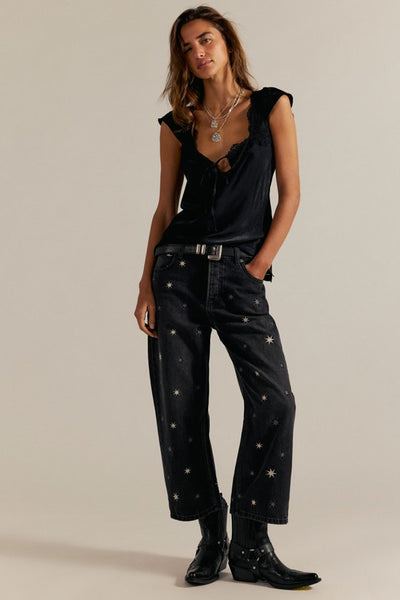 Free People Clothing Deep Trance Shine Embroidered Dropped Boyfriend Jeans Style OB2361397 in Starry Night; Low Slung Black Embroidered Jeans