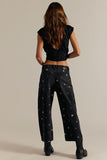 Free People Clothing Deep Trance Shine Embroidered Dropped Boyfriend Jeans Style OB2361397 in Starry Night; Low Slung Black Embroidered Jeans