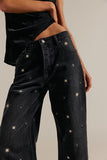 Free People Clothing Deep Trance Shine Embroidered Dropped Boyfriend Jeans Style OB2361397 in Starry Night; Low Slung Black Embroidered Jeans