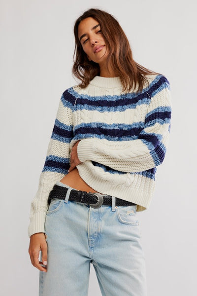 Free People Clothing Frankie Cable Stripe Pullover Style OB2285337 in Ivory Combo; 