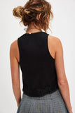 Free People Clothing Jaida Vest Top Style OB2153724 in black; black lace trim tie front vest top; Holiday Top