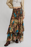 Free People Clothing Palermo Villa Chiffon Maxi Skirt Style OB2391188 in Chocolate Combo; Thanksgiving Style; Brown Floral Ruffle Tier Fall Maxi Skirt; Free People Brown Floral Maxi Skirt