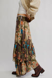 Free People Clothing Palermo Villa Chiffon Maxi Skirt Style OB2391188 in Chocolate Combo; Thanksgiving Style; Brown Floral Ruffle Tier Fall Maxi Skirt; Free People Brown Floral Maxi Skirt