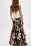 Free People Clothing Palermo Villa Chiffon Maxi Skirt Style OB2391188 in Chocolate Combo; Thanksgiving Style; Brown Floral Ruffle Tier Fall Maxi Skirt; Free People Brown Floral Maxi Skirt