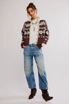 Free People Clothing Shelby Cardigan Style OB2304998 in Chocolate Combo; Brown Printed Fall Cardigan with white collar and trim; Fall Cardigan