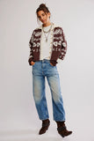 Free People Clothing Shelby Cardigan Style OB2304998 in Chocolate Combo; Brown Printed Fall Cardigan with white collar and trim; Fall Cardigan