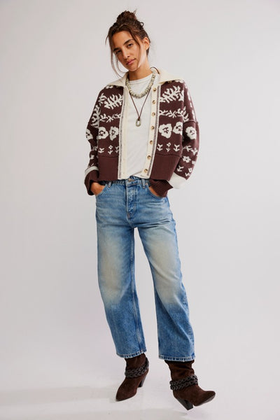 Free People Clothing Shelby Cardigan Style OB2304998 in Chocolate Combo; Brown Printed Fall Cardigan with white collar and trim; Fall Cardigan