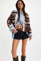 Free People Clothing Shelby Cardigan Style OB2304998 in Chocolate Combo; Brown Printed Fall Cardigan with white collar and trim; Fall Cardigan