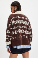 Free People Clothing Shelby Cardigan Style OB2304998 in Chocolate Combo; Brown Printed Fall Cardigan with white collar and trim; Fall Cardigan