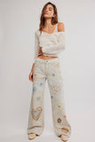 Free People We The Free Tinsley Printed Jeans Style OB2438693 in Heirloom Ivory; Screen-Printed heart patchwork jeans