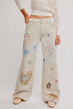 Free People We The Free Tinsley Printed Jeans Style OB2438693 in Heirloom Ivory; Screen-Printed heart patchwork jeans, spring jeans, straight leg printed patchwork jeans