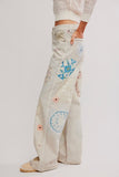 Free People We The Free Tinsley Printed Jeans Style OB2438693 in Heirloom Ivory; Screen-Printed heart patchwork jeans, spring jeans, straight leg printed patchwork jeans