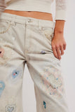 Free People We The Free Tinsley Printed Jeans Style OB2438693 in Heirloom Ivory; Screen-Printed heart patchwork jeans, spring jeans, straight leg printed patchwork jeans