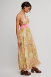 Free People Clothing Ultraviolet Haze Jumpsuit Style OB2516819 in Blush Meadow Combo. Flowy Wide Leg, Smocked Multi-color Floral, Halter Neck, open back, Spring and Summer Jumpsuit.