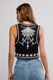Free People Clothing Deep Trance Shine Embroidered Dropped Boyfriend Jeans Style OB2361397 in Starry Night; Free People Clothing Under the Sun Vest Style OB2405796 in Black; Embroidered Tie Front Vest Top; 