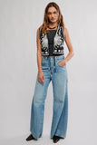Free People Clothing Deep Trance Shine Embroidered Dropped Boyfriend Jeans Style OB2361397 in Starry Night; Free People Clothing Under the Sun Vest Style OB2405796 in Black; Embroidered Tie Front Vest Top; 