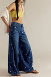 Free People Clothing Westward Embroidered Jeans Style OB2192140 in Under The Sea;Free People Embroiidered Barrel Jeans; 