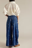 Free People Clothing Westward Embroidered Jeans Style OB2192140 in Under The Sea;Free People Embroiidered Barrel Jeans; 