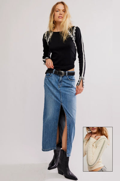 Free People Clothing Lost Love Long Sleeve in Black Combo and in Tea Combo; Contrast Stitch Waffle knit Top; 