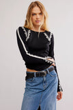 Free People Clothing Lost Love Long Sleeve in Black Combo and in Tea Combo; Contrast Stitch Waffle knit Top; 