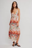 Free People Daisy Fields Maxi Slip dress style OB2441010 in brown combo. Polyester scoop neck floral printed spring summer maxi slip dress with lace detail