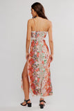 Free People Daisy Fields Maxi Slip dress style OB2441010 in brown combo. Polyester scoop neck floral printed spring summer maxi slip dress with lace detail