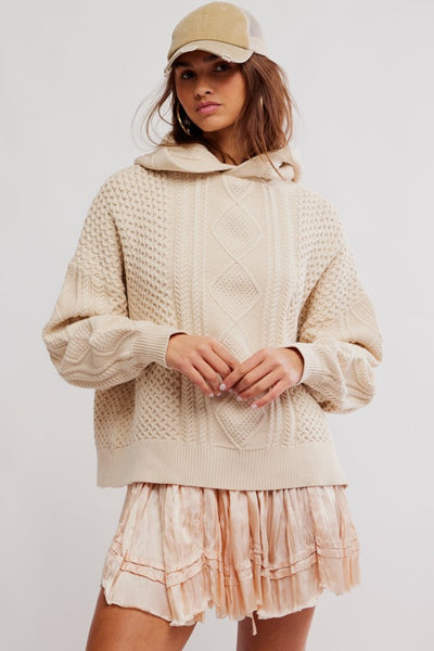 Free People Explorer Hoodie Style OB2240001 in Macadamia; Cable Knit Sweater Hoodie; Over-sized Cable Knit Hoodie