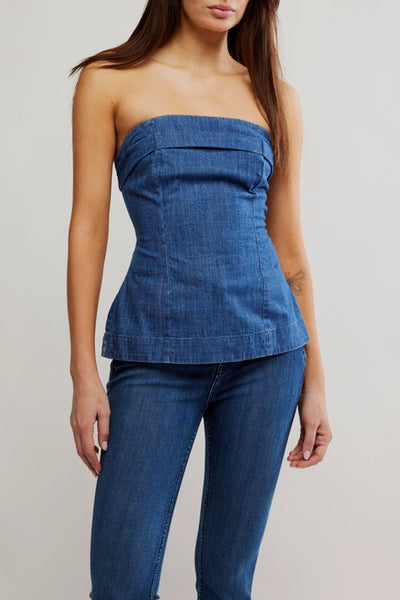 Free People Lora Tube Style OB2245352 in Canter Wash Denim; Strapless Denim Top;  Strappy Back Strapless Denim Top; Denim Summer Tube Top