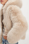 Free People Louder Please Hooded Faux Fur Jacket Style OB2333962 in Almond Flour; Faux Fur Fall/Winter Jacket; Fashionably Chic Faux Fur Jacket; 
