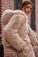 Free People Louder Please Hooded Faux Fur Jacket Style OB2333962 in Almond Flour; Faux Fur Fall/Winter Jacket; Fashionably Chic Faux Fur Jacket; 