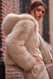 Free People Louder Please Hooded Faux Fur Jacket Style OB2333962 in Almond Flour; Faux Fur Fall/Winter Jacket; Fashionably Chic Faux Fur Jacket; 