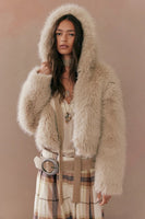 Free People Louder Please Hooded Faux Fur Jacket Style OB2333962 in Almond Flour; Faux Fur Fall/Winter Jacket; Fashionably Chic Faux Fur Jacket; 