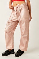 Free People Moxie Metallic Low-Slung Barrel Jeans Style OB1769171 in Bubblegum;Metallic Barrel Jeans;Barrel JEans;Free PEople MEtallic Jeans; 