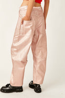 Free People Moxie Metallic Low-Slung Barrel Jeans Style OB1769171 in Bubblegum;Metallic Barrel Jeans;Barrel JEans;Free PEople MEtallic Jeans; 