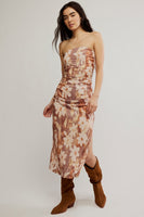 Free People Presley Midi Dress Style OB2226259 in copper combo; Strapless Floral Midi Dress; Ruched Summer Floral Midi Dress; flirty summer dress; feminine floral summer dress