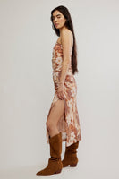 Free People Presley Midi Dress Style OB2226259 in copper combo; Strapless Floral Midi Dress; Ruched Summer Floral Midi Dress; flirty summer dress; feminine floral summer dress
