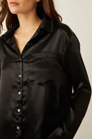 Free People Shooting for the Moon Button Down Top Style OB1823355 in black;satin button down top;free people satin bunnton down top; 