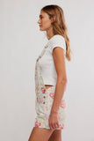 Free People Ziggy Printed shortalls Style OB1812086 in sun drenched combo. White floral printed cotton denim shorts overalls. Floral Printed Denim shortalls