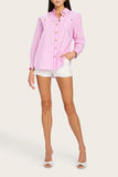 Generation Love Clothing Meggy Wide Stripe Poplin Shirt Style W02074406 in White and Pink Stripe; Gold Knot Button Striped Button Down;  Striped Poplin Button Down Shirt
