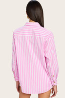 Generation Love Clothing Meggy Wide Stripe Poplin Shirt Style W02074406 in White and Pink Stripe; Gold Knot Button Striped Button Down;  Striped Poplin Button Down Shirt
