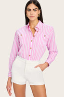 Generation Love Clothing Meggy Wide Stripe Poplin Shirt Style W02074406 in White and Pink Stripe; Gold Knot Button Striped Button Down;  Striped Poplin Button Down Shirt