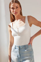 Generation love clothing Andiamo Tank Top Style K00764351 in White;  White Square Neck Tank Top with pearl Buttons