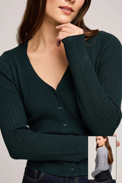 Gentle Fawn Clothing Mia V-Neck Top Style GF2510-3053 in Wintergreen and in Heather Grey; Pointelle V-neck Fall Cardigan Top