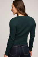 Gentle Fawn Clothing Mia V-Neck Top Style GF2510-3053 in Wintergreen and in Heather Grey; Pointelle V-neck Fall Cardigan Top